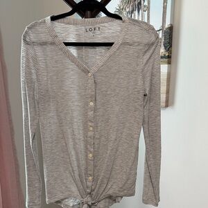LOFT Women's Gray & White Striped Button-Front Tie Hem Top